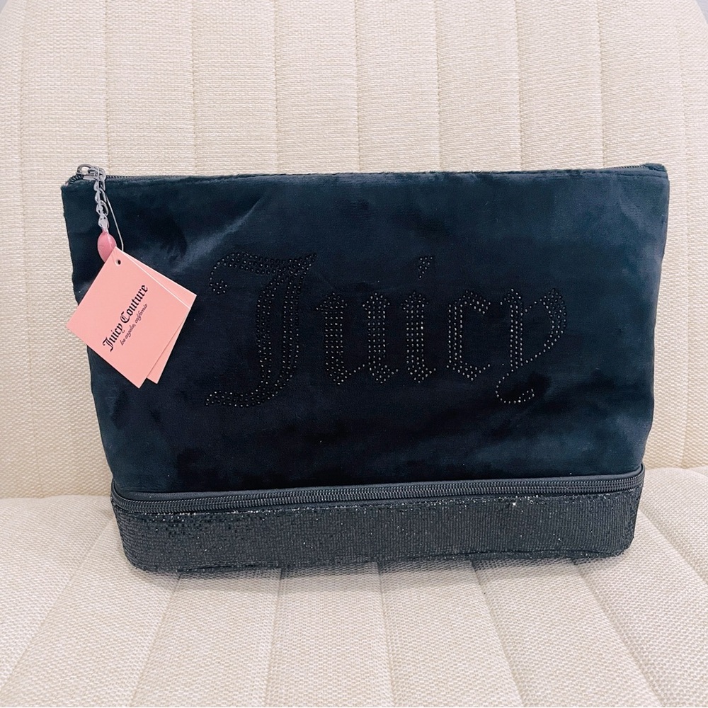 NEW Juicy Couture Black Velour Rhinestone‎ Travel Cosmetic Bag Dual Compartment